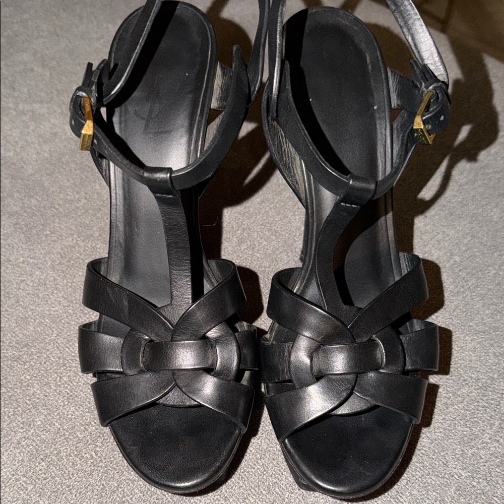 Saint Laurent Black Leather Knot T-Strap Heels - Picture 9 of 9